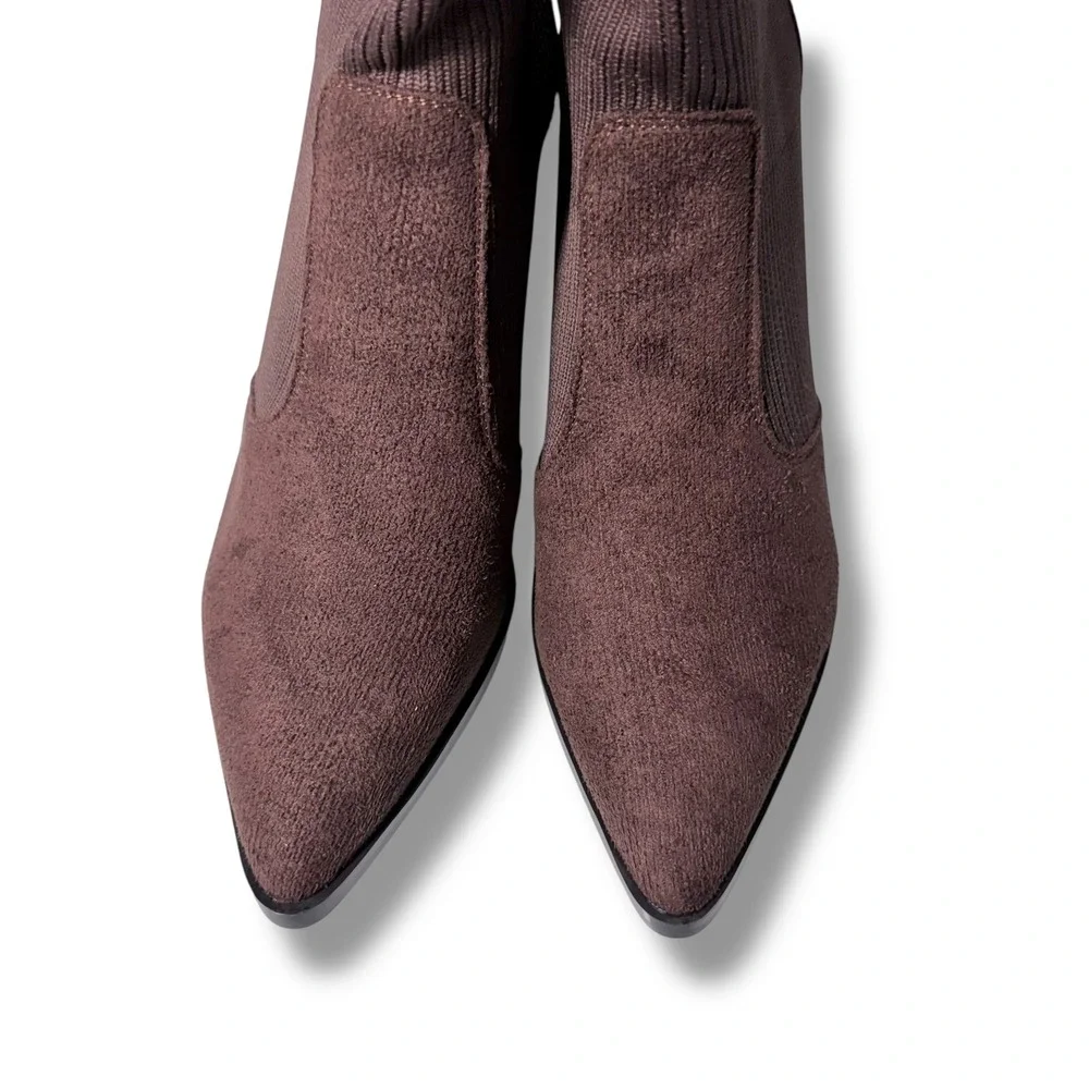 Choc. Brown Pull On Sock Boots Pointed Toe Block Heel Size 10 41 Boutique